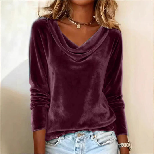 Damen Samt-Longsleeve mit Wasserfallkragen und legerem Schnitt Shop Nory