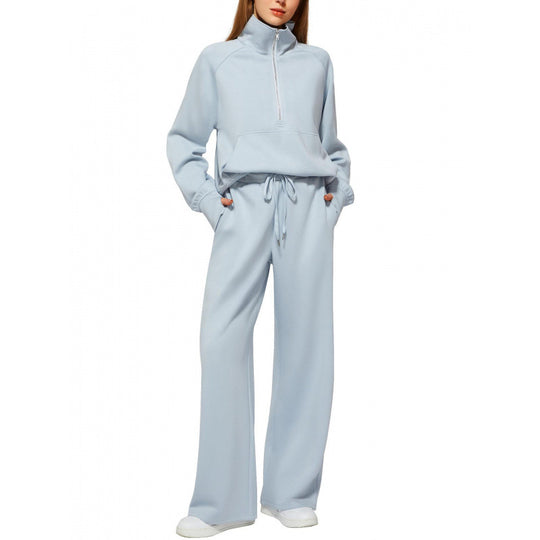 Damen Zweiteiliges Lounge-Set mit Halbreißverschluss, Stehkragen und weiter Palazzohose Shop Nory