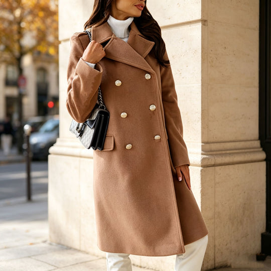 Damen Eleganter zweireihiger Wollmixmantel mit taillierter Silhouette und dekorativen Metallknöpfen Shop Nory