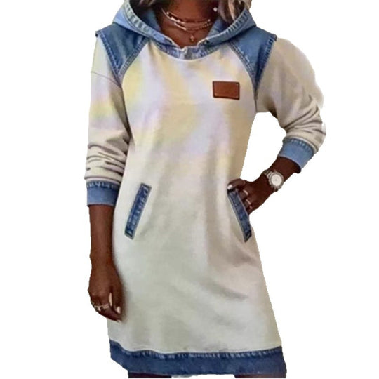 Damen nan Kapuzen-Sweatkleid mit Jeans-Applikationen, Kängurutaschen und lässigem Schnitt Shop Nory
