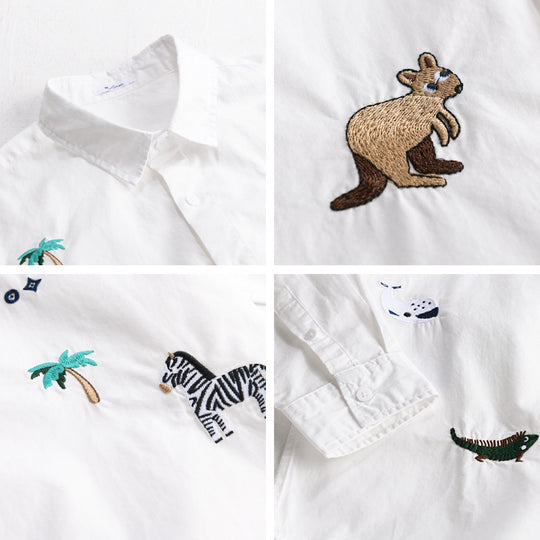 Damen Lockeres Baumwollhemd mit handgestickten Safari-Motiven Shop Nory