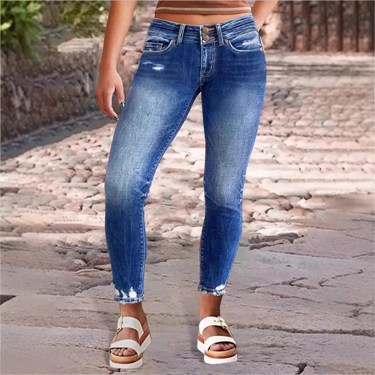 Damen hochgeschnittene Slim‑Cropped‑Jeans mit rohem Saum, Used‑Wash und elastischem Komfortbund Shop Nory