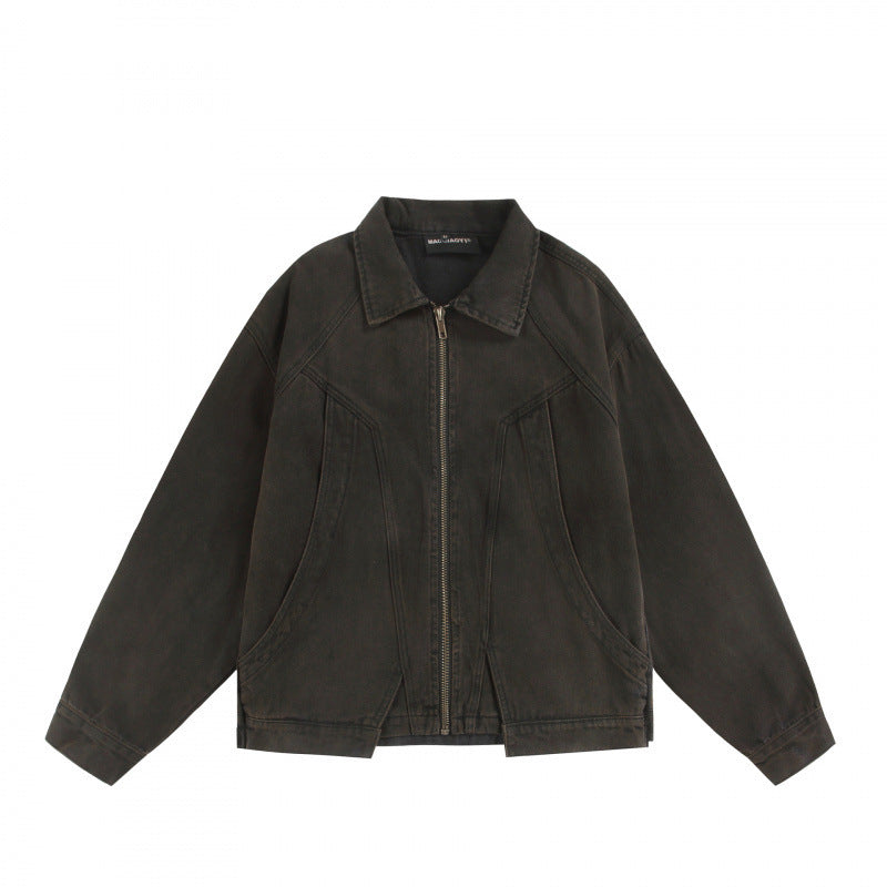 Unisex Boxy-Worker-Blouson aus gewaschenem Canvas mit durchgehendem Reißverschluss, Hemdkragen und asymmetrischen Eingrifftaschen Shop Nory