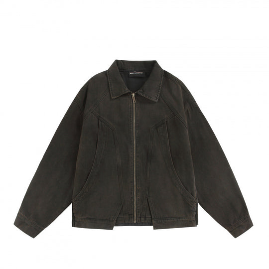 Unisex Boxy-Worker-Blouson aus gewaschenem Canvas mit durchgehendem Reißverschluss, Hemdkragen und asymmetrischen Eingrifftaschen Shop Nory