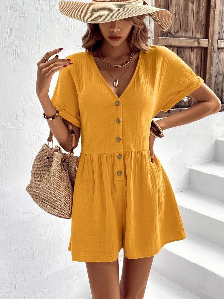 Damen Kurzoverall mit Knopfdetails und V-Ausschnitt Shopnory