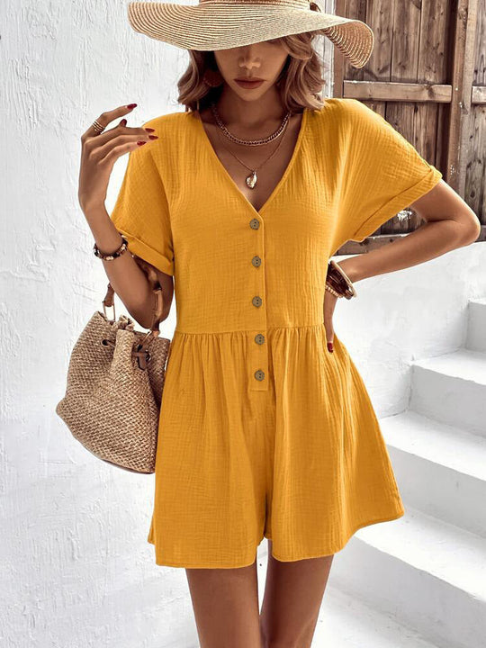 Damen Kurzoverall mit Knopfdetails und V-Ausschnitt Shopnory