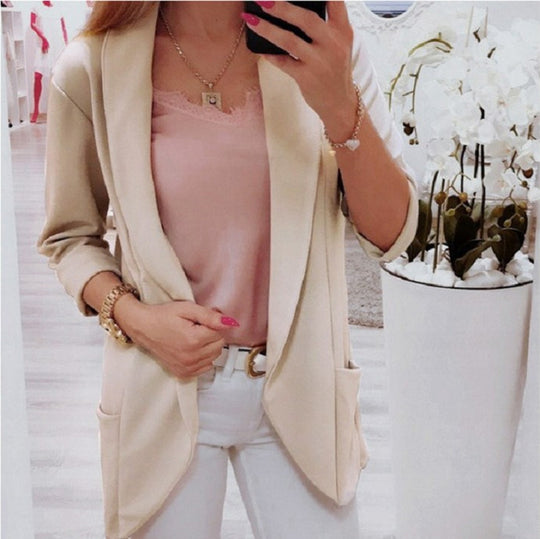 Damen Leichter Offener Cardigan-Blazer, dreiviertelärmelig mit Eingrifftaschen Shop Nory