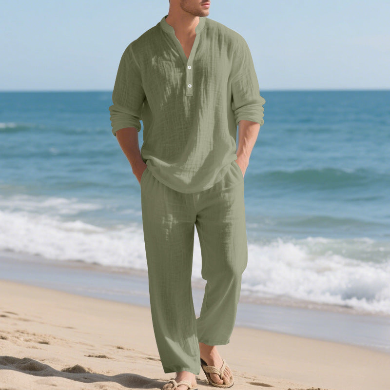 Herren nan legeres Henley-Set aus leichter Leinenoptik mit Stehkragen und elastischer Tunnelzughose Shop Nory