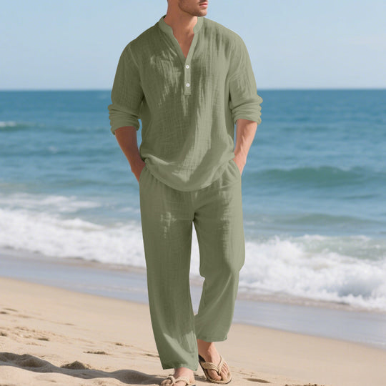 Herren nan legeres Henley-Set aus leichter Leinenoptik mit Stehkragen und elastischer Tunnelzughose Shop Nory