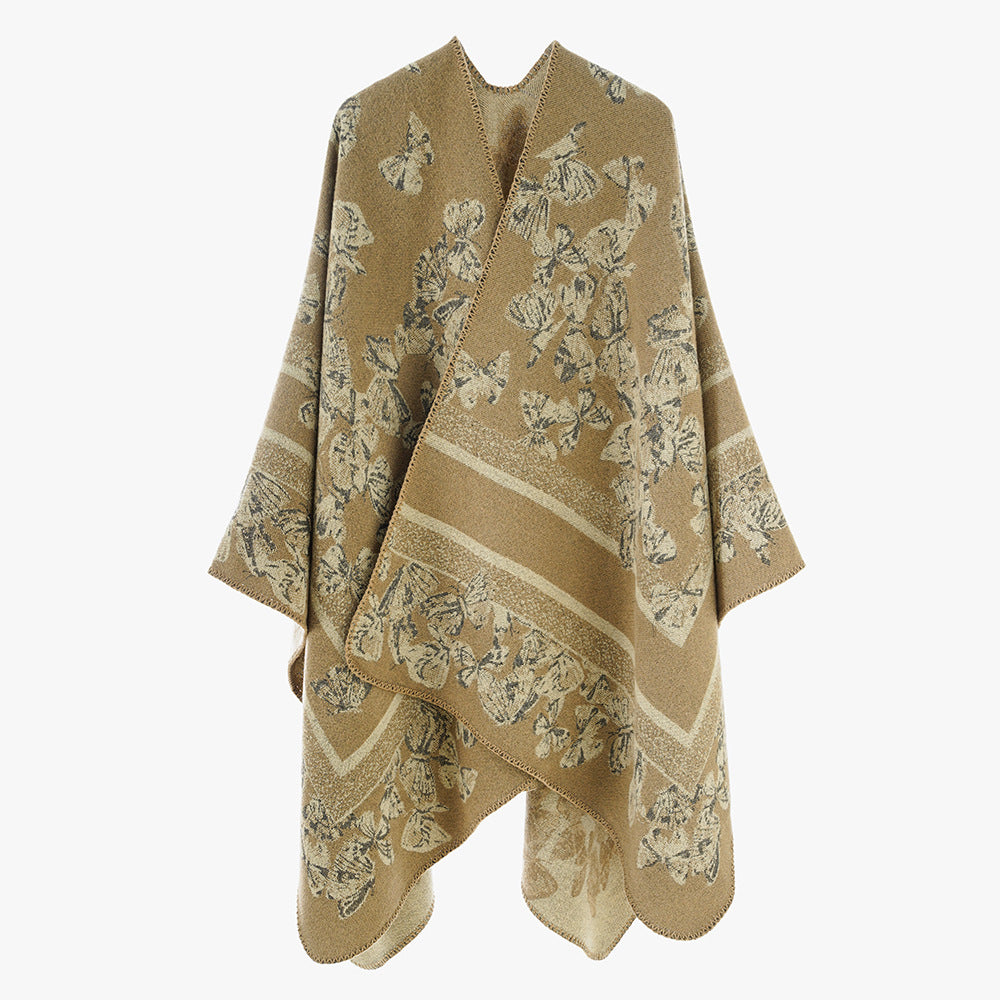 Damen Schmetterlings-Jacquard-Ruana aus Wollmix mit geschwungenem Saum Shop Nory