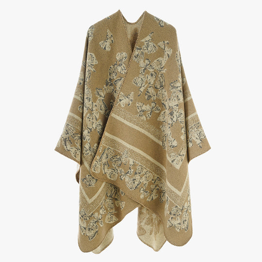 Damen Schmetterlings-Jacquard-Ruana aus Wollmix mit geschwungenem Saum Shop Nory