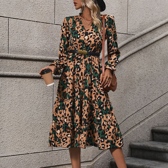 Damen Wickel-Midikleid mit Leopardenmuster, Stufenrock und elastischer Taillenpassform Shop Nory