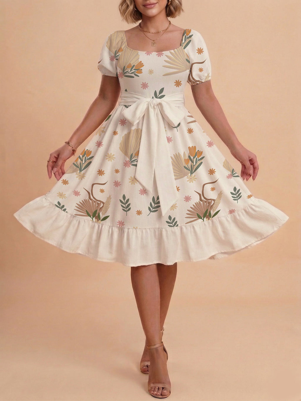 Damen Sommerliches Blumenkleid mit taillierbarem Gürtel und voluminösen Ärmeln