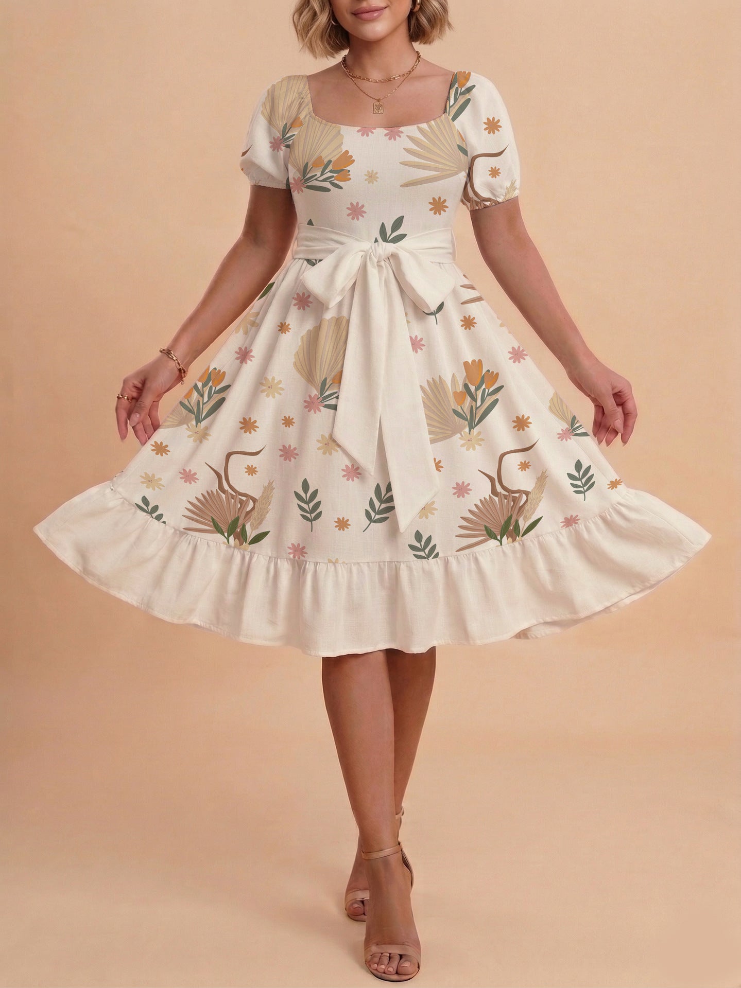 Damen Sommerliches Blumenkleid mit taillierbarem Gürtel und voluminösen Ärmeln