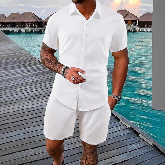 Herren lässiges Shorts-Set mit knöpfbarem Oberteil und elastischem Bund