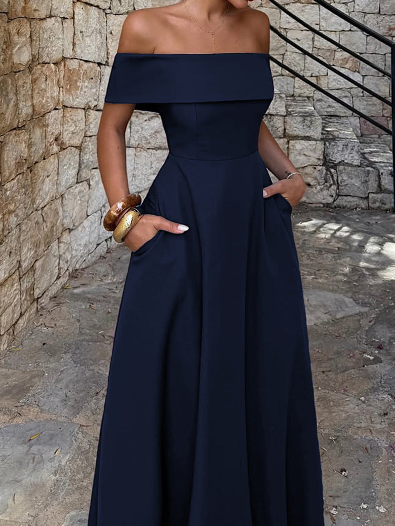 Damen Off-Shoulder Maxikleid mit Taschen und eleganter Silhouette Shopnory