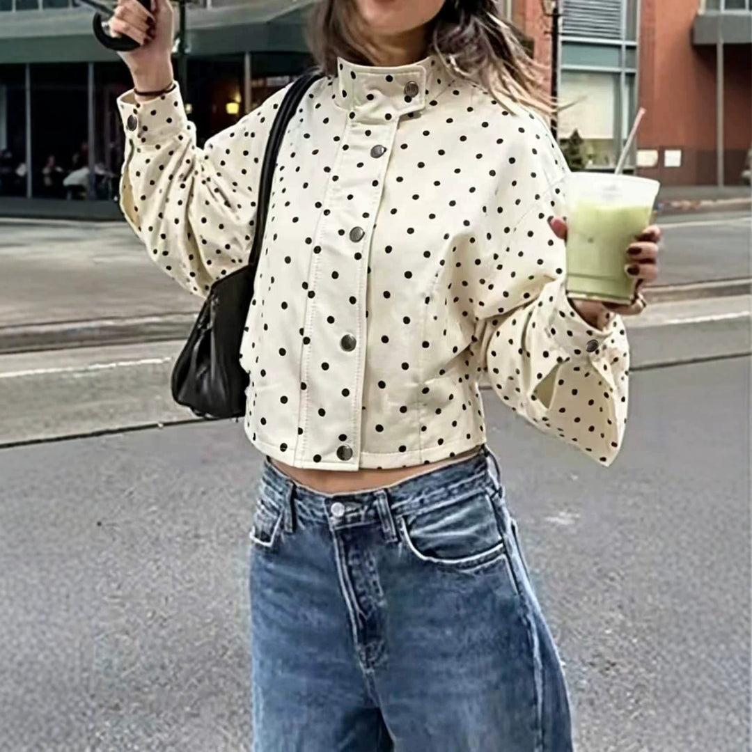 Damen Gepunktete Cropped-Jacke mit Stehkragen, Ballonärmeln und Druckknöpfen Shop Nory