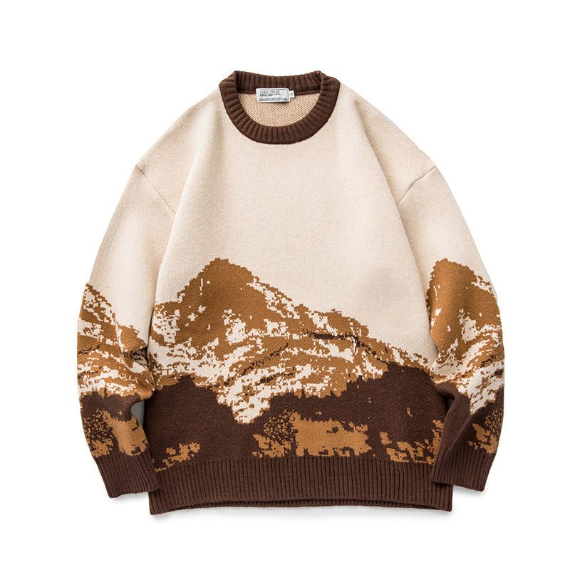 Unisex Oversize-Strickpullover mit Bergjacquard und geripptem Rundhalsausschnitt Shop Nory