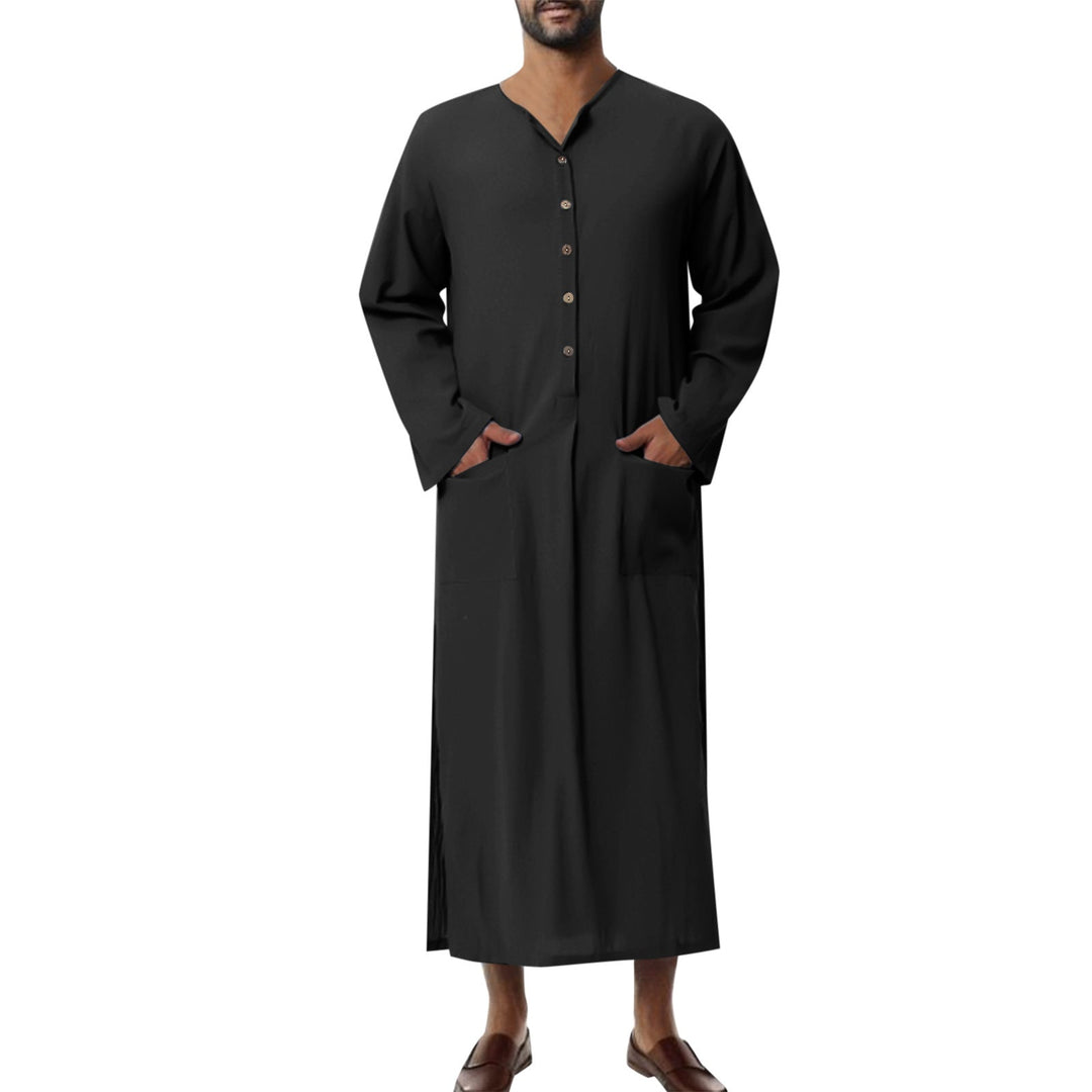Herren nan weites langes Tunika-Kaftan aus atmungsaktivem Leinen mit Stehkragen Knopfblende und aufgesetzten Taschen