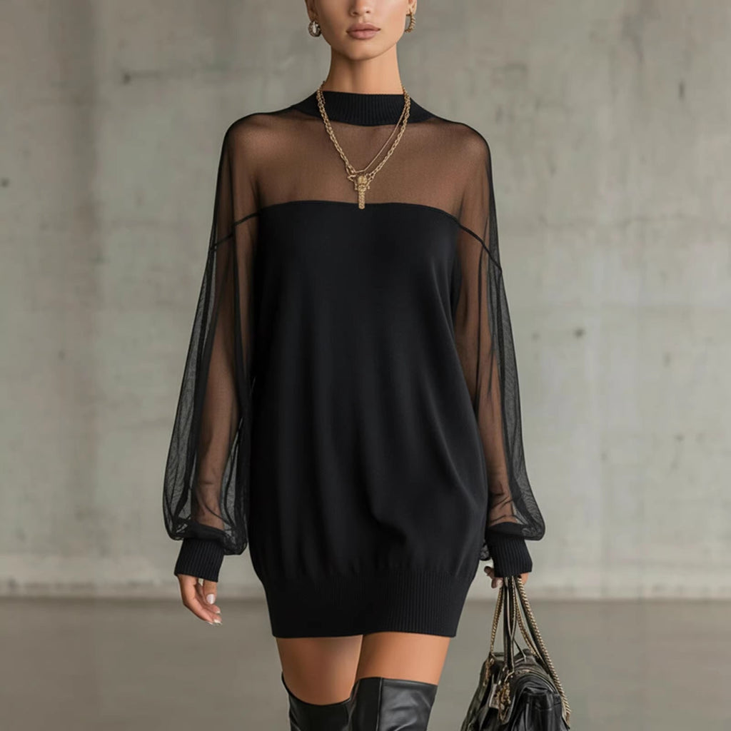Damen Luftiges Minikleid mit transparenten Ärmelpartien und stylischem Highneck Shopnory