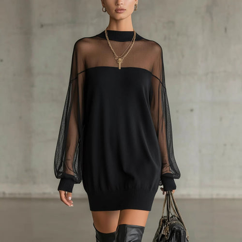 Damen Luftiges Minikleid mit transparenten Ärmelpartien und stylischem Highneck Shopnory