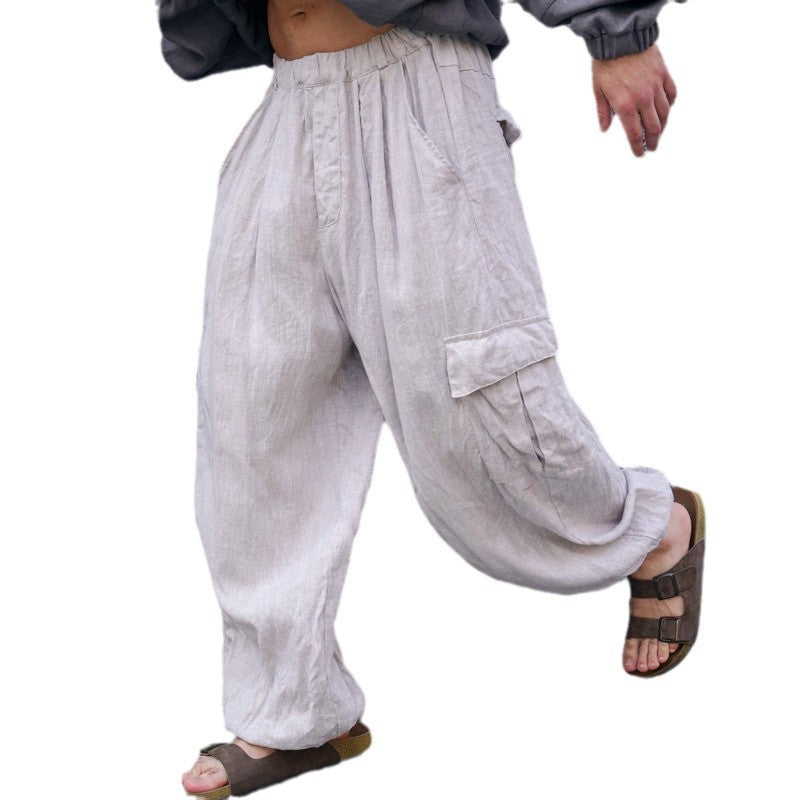 Herren Weite Leinen-Cargohose mit elastischem Bund, Falten und aufgesetzter Seitentasche Shop Nory