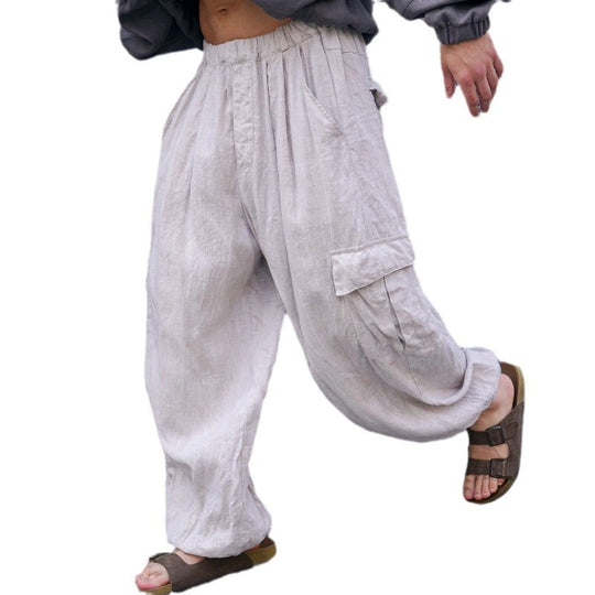 Herren Weite Leinen-Cargohose mit elastischem Bund, Falten und aufgesetzter Seitentasche Shop Nory