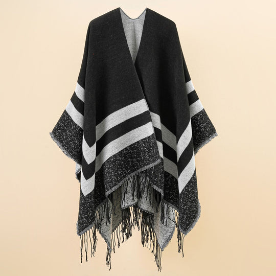 Damen Oversize-Ruana aus Wollmix mit kontrastierten Querstreifen und Fransensaum Shop Nory