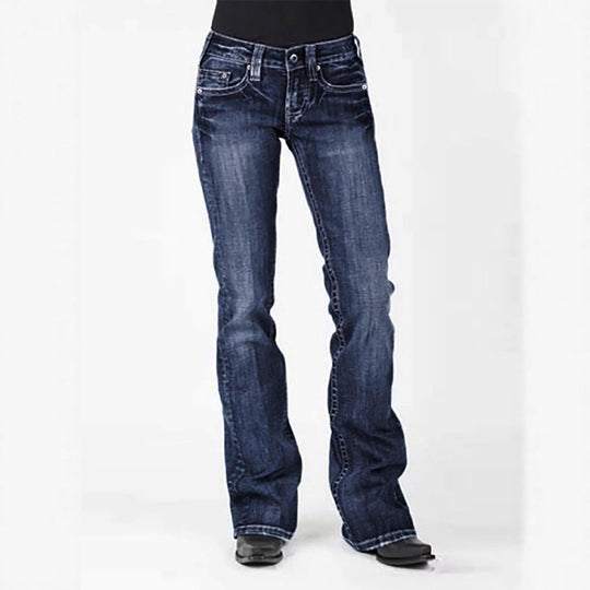 Damen elegante Bootcut Jeans mit hohem Bund und dezenter Waschung