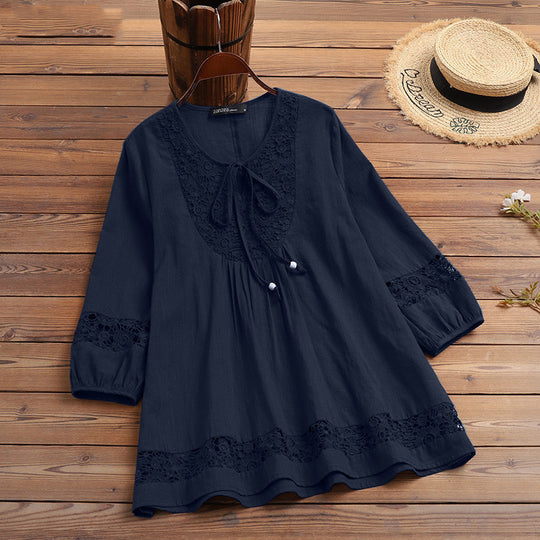 Damen Lässige Tunika-Bluse mit Häkelspitze, Bindekragen und dreiviertel Ärmeln Shop Nory