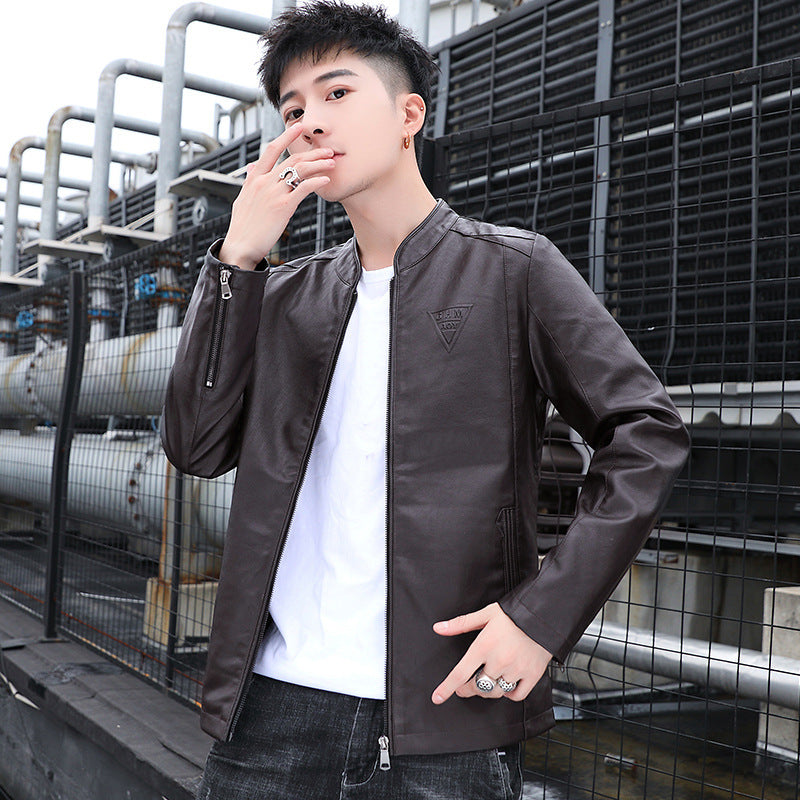Herren Schlanker Kunstleder‑Moto‑Blouson mit Stehkragen und Reißverschlussärmeln Shop Nory