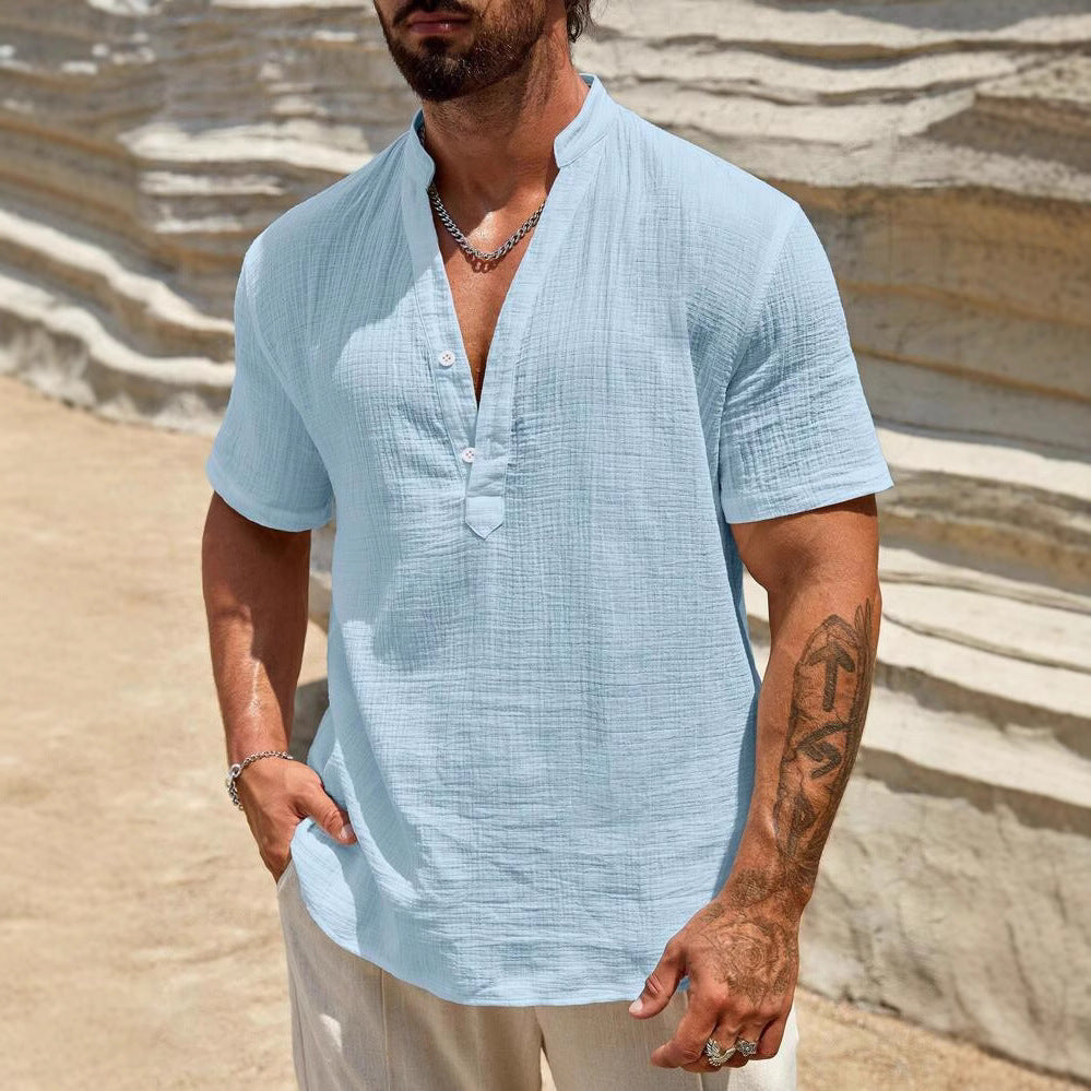 Herren Kurzarm Henley Hemd mit modernem Stehkragen aus leichtem Baumwollmaterial