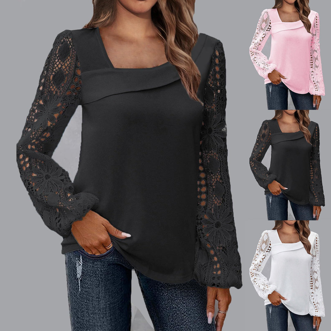 Damen Bluse mit quadratischem Ausschnitt und gehäkelten Spitzenärmeln Shop Nory