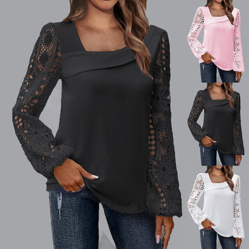 Damen Bluse mit quadratischem Ausschnitt und gehäkelten Spitzenärmeln Shop Nory