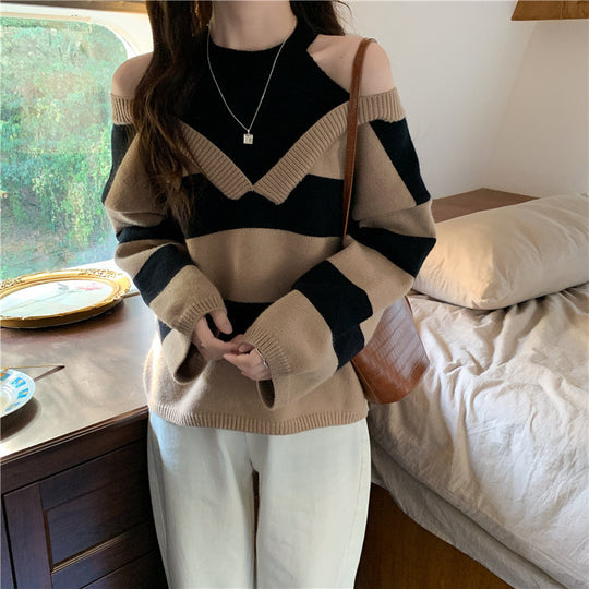 Damen Schulterfreier gestreifter Strickpullover mit Cut-Out-Schultern und V‑Einsatz Shop Nory