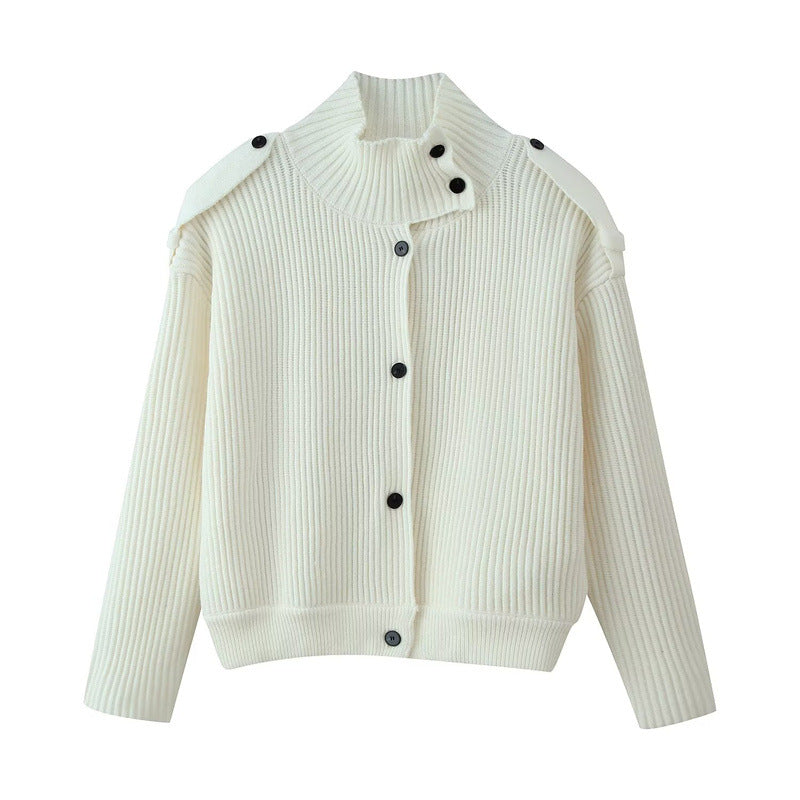 Damen Gerippter Strickcardigan mit Stehkragen und Schulterknopf-Detail Shop Nory