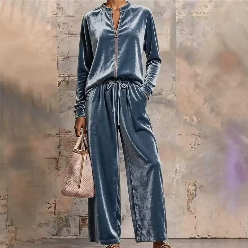 Damen Samt-Lounge-Set mit Stehkragen, Halbreißverschluss und weitem Palazzohose Shop Nory