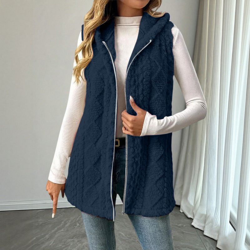Damen Kapuzen-Teddyweste mit Reißverschluss und strukturierter Strickoptik Shop Nory