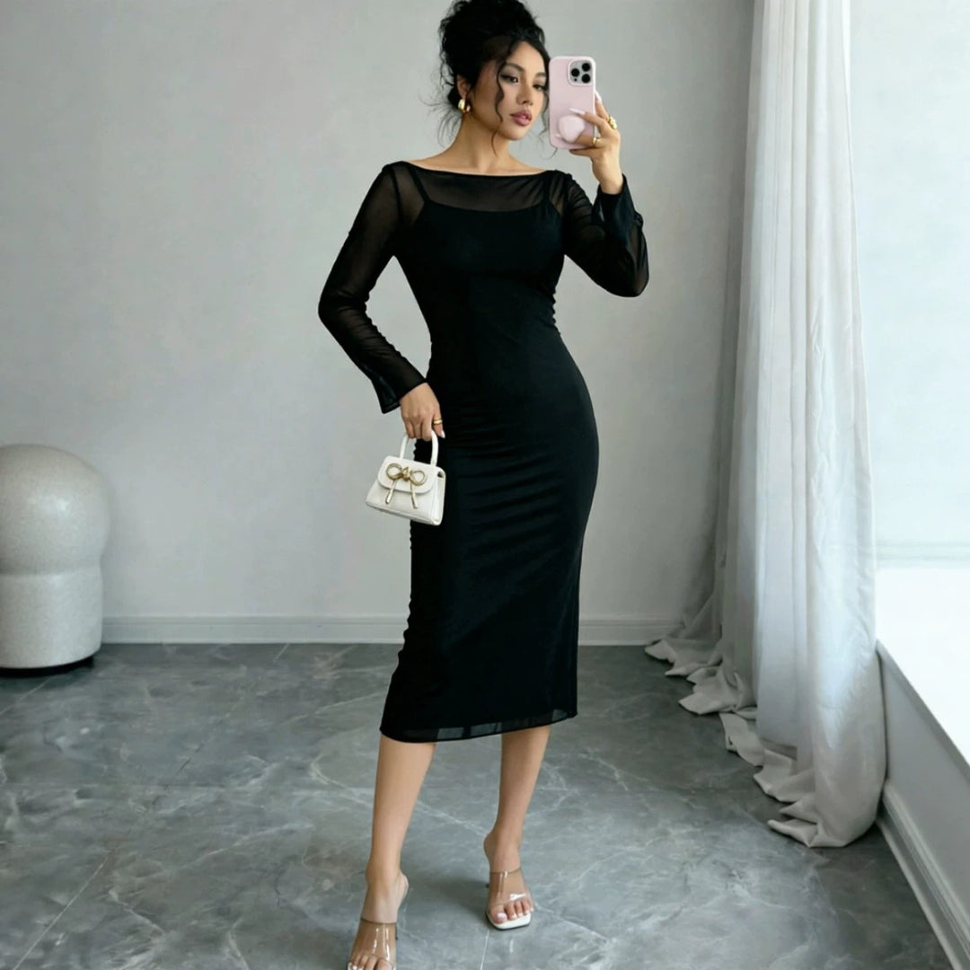 Damen Figurbetontes Etuikleid mit transparenten Mesh-Ärmeln Shop Nory