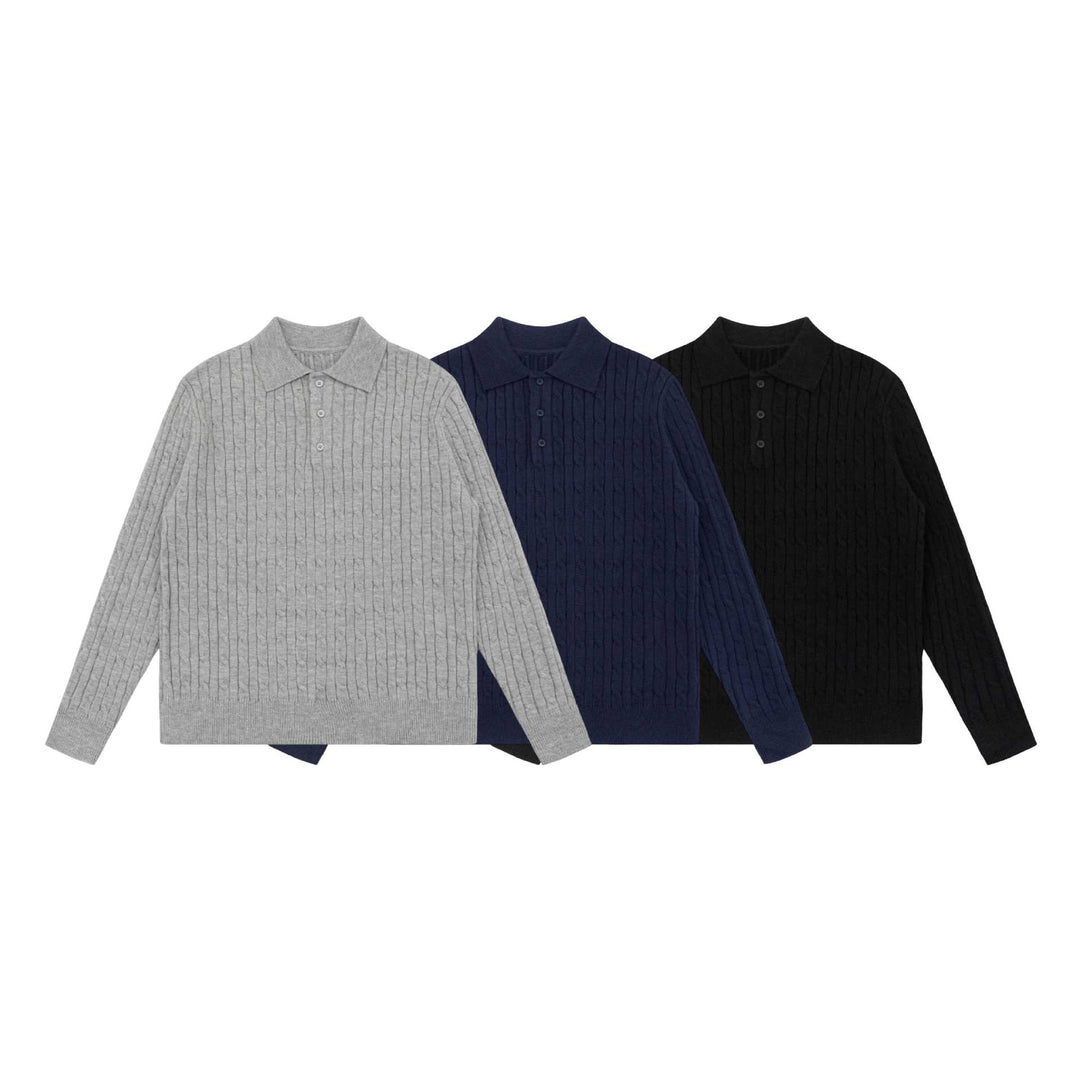 Unisex Grobstrick-Polokragen-Pullover mit Zopfmuster und halber Knopfleiste Shop Nory