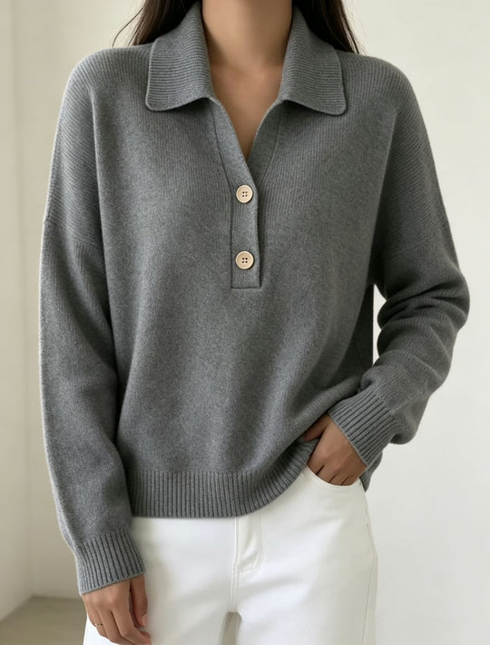 Damen Polokragen-Pullover mit halber Knopfleiste und geripptem Saum Shop Nory
