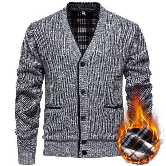Herren Strukturierter V-Ausschnitt Strickcardigan mit kontrastierter Kante und kariertem Innenbesatz Shop Nory