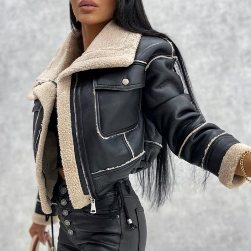 Damen Fliegerjacke in Lammfell-Optik mit Teddyfutter und taillierter Biker-Silhouette Shop Nory