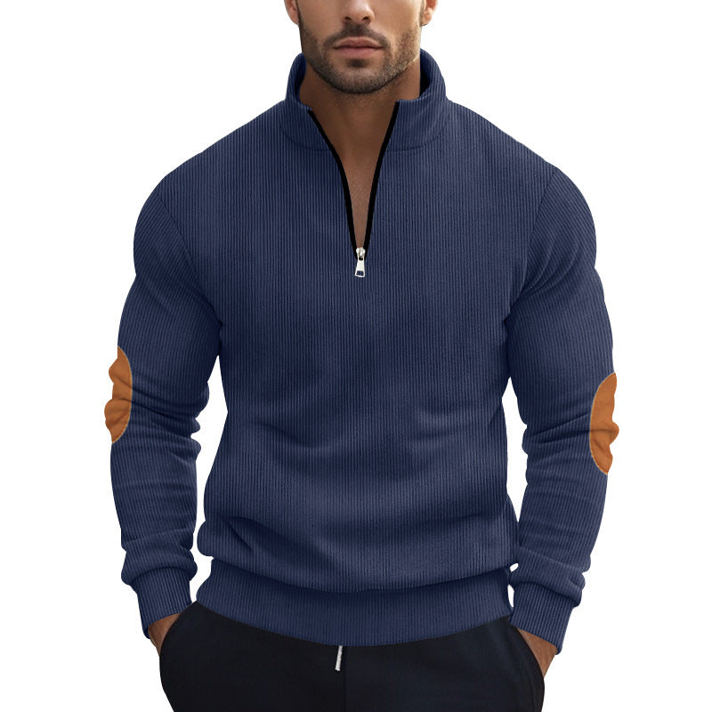 Herren Strickpullover mit modernem Reißverschluss und eleganten Ellbogenpatches