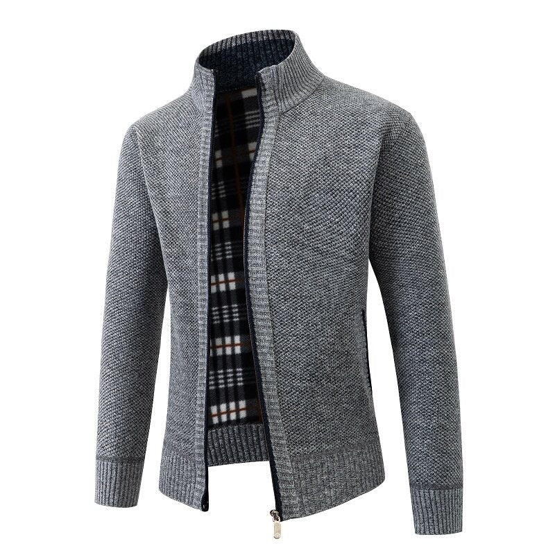 Herren Strukturiertes Zip-Strickjacke mit Karo‑Fleece‑Futter und Stehkragen Shop Nory