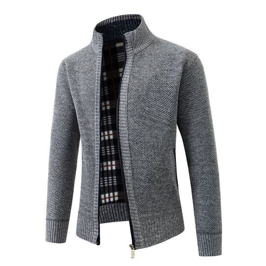 Herren Strukturiertes Zip-Strickjacke mit Karo‑Fleece‑Futter und Stehkragen Shop Nory