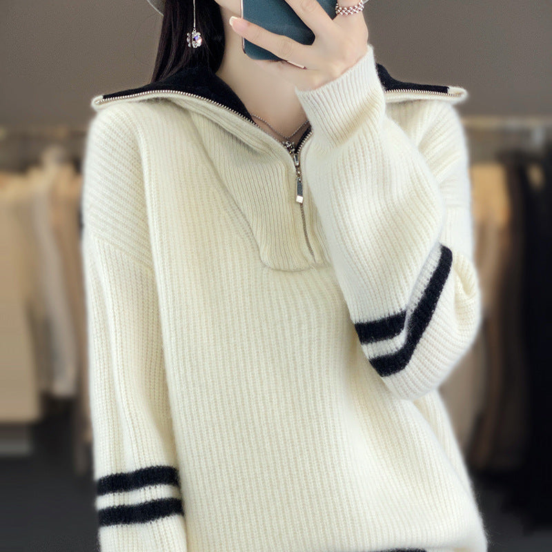 Damen Rippenstrick-Pullover mit halbem Reißverschluss, hohem Stehkragen und lässiger Passform Shop Nory