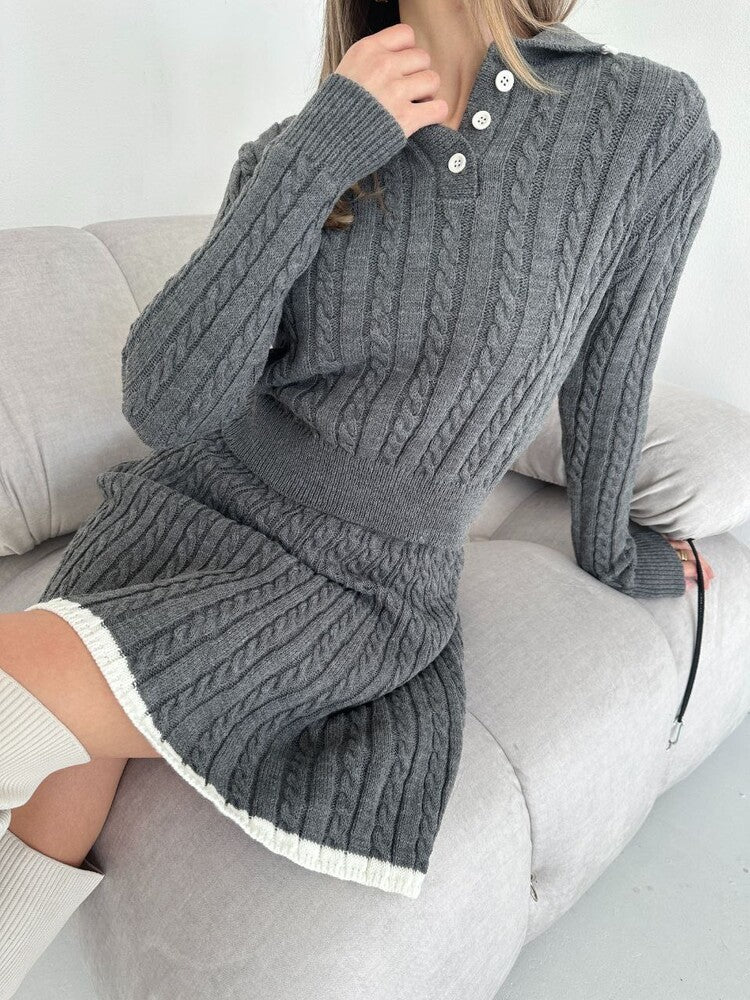 Damen Zweiteiliges Zopfstrick-Kleid mit Taillenbund und Polokragen Shop Nory