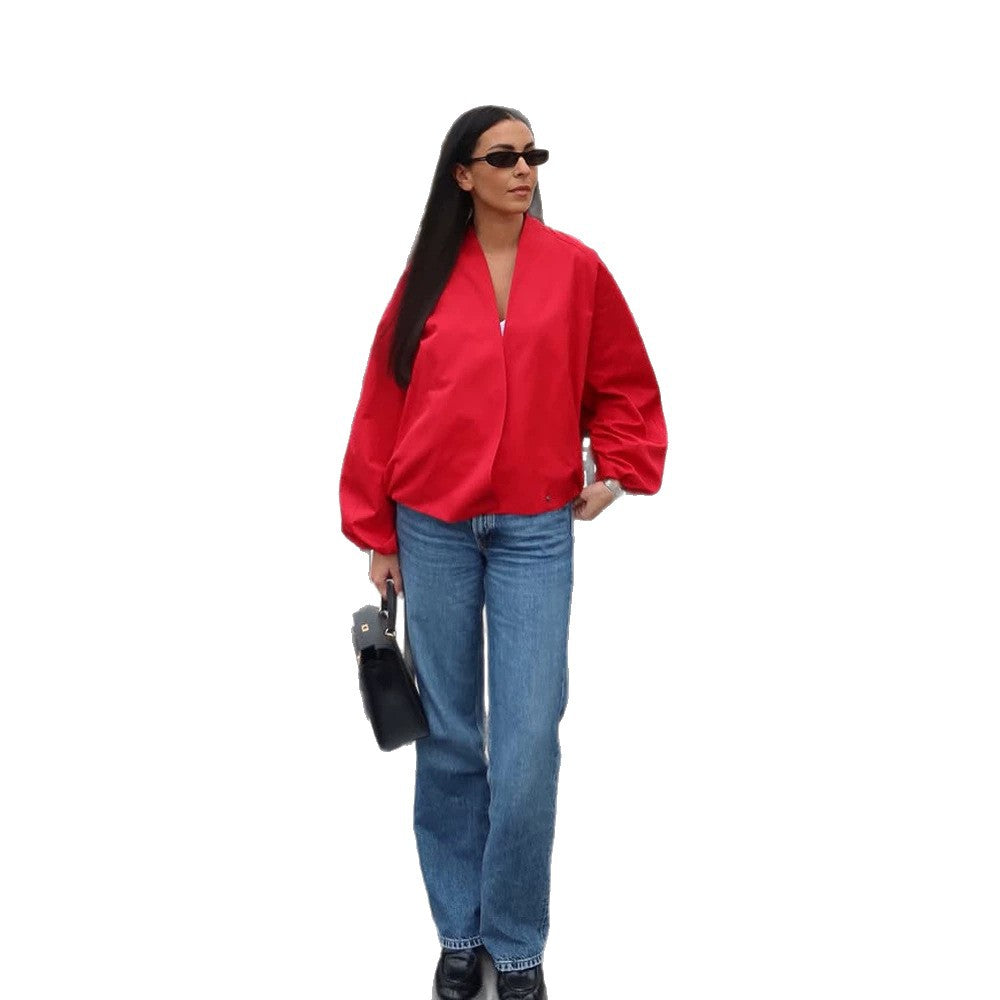 Damen kurz geschnittene Oversize-Wickeljacke mit Ballonärmeln Shop Nory