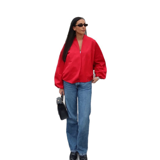 Damen kurz geschnittene Oversize-Wickeljacke mit Ballonärmeln Shop Nory